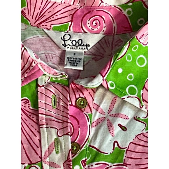 Lilly Pulitzer Women's Small Sea Shell Polo Style Shirt Green/Pinks/White - Picture 5 of 5